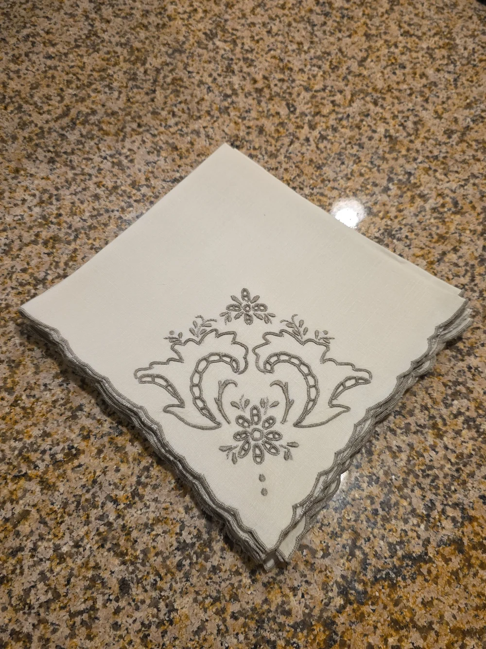 Vintage Italian Linen Table Napkins With Floral Embroidered Cut Out Designs- 6